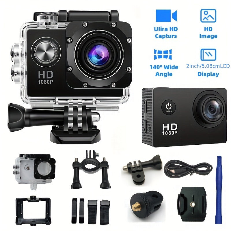 HD 1080P Action-Kamera, 140° Winkel, 5-Zoll-LCD-Bildschirm, TF-Karte, wiederaufladbarer Akku, Aufnahmen im MP4-Format – ideal für Sport und Freizeit.