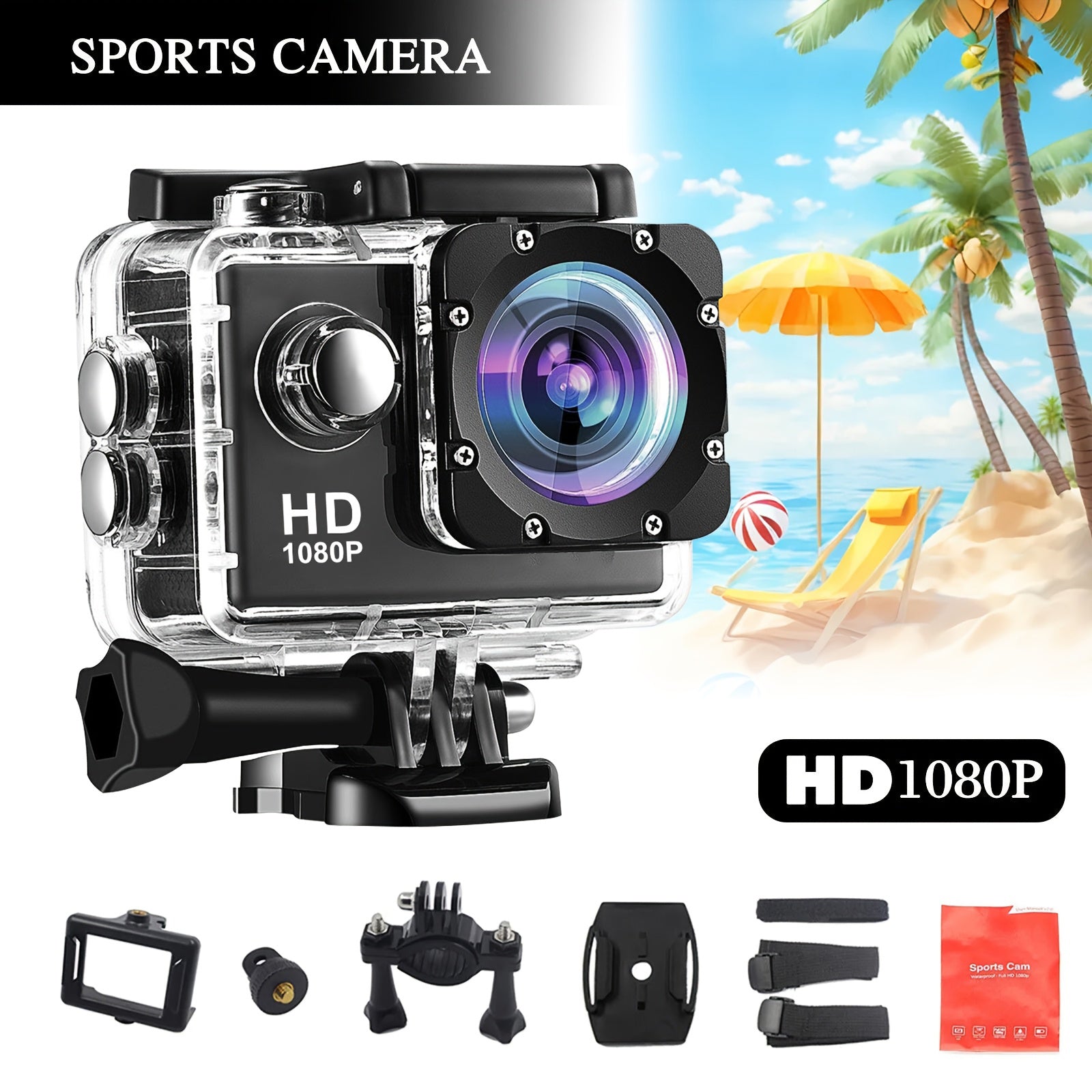 HD 1080P Action-Kamera, 140° Winkel, 5-Zoll-LCD-Bildschirm, TF-Karte, wiederaufladbarer Akku, Aufnahmen im MP4-Format – ideal für Sport und Freizeit.