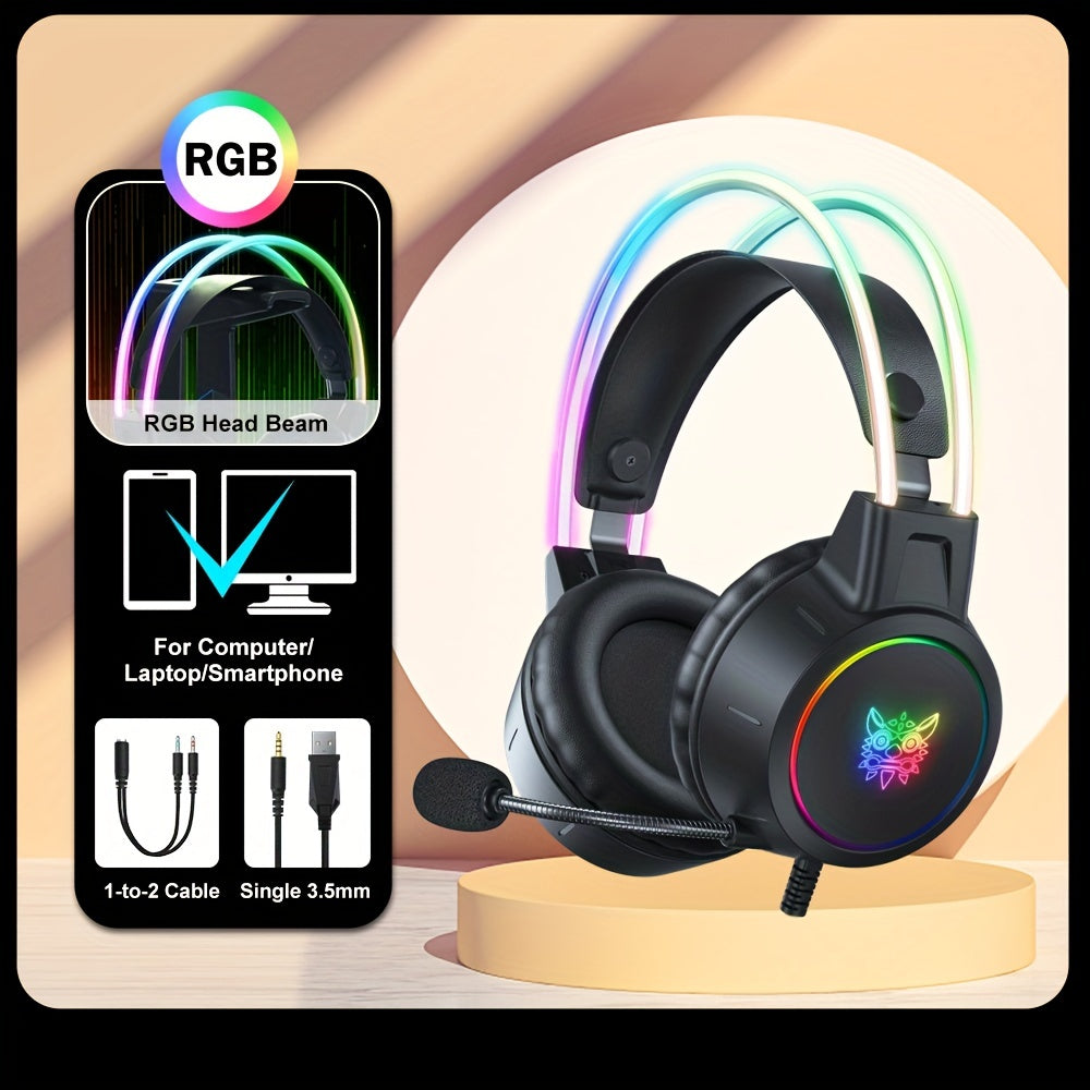 RGB-Gaming-Headset mit Geräuschunterdrückung und abnehmbarem Mikrofon – Schwarzes Anime-Design, USB, Surround-Sound