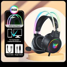 RGB-Gaming-Headset mit Geräuschunterdrückung und abnehmbarem Mikrofon – Schwarzes Anime-Design, USB, Surround-Sound