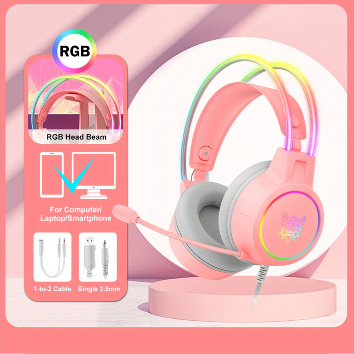 RGB-Gaming-Headset mit Geräuschunterdrückung und abnehmbarem Mikrofon – Schwarzes Anime-Design, USB, Surround-Sound