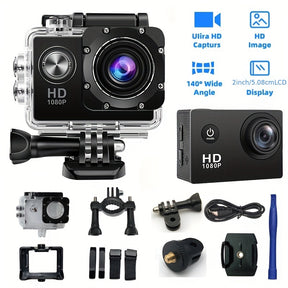 HD 1080P Action-Kamera, 140° Winkel, 5-Zoll-LCD-Bildschirm, TF-Karte, wiederaufladbarer Akku, Aufnahmen im MP4-Format – ideal für Sport und Freizeit.