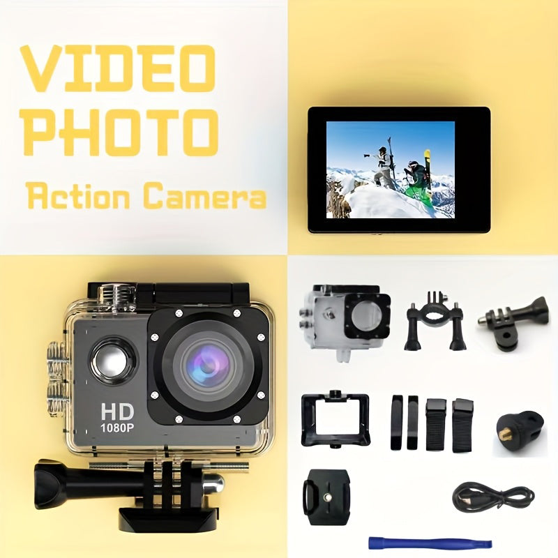 HD 1080P Action-Kamera, 140° Winkel, 5-Zoll-LCD-Bildschirm, TF-Karte, wiederaufladbarer Akku, Aufnahmen im MP4-Format – ideal für Sport und Freizeit.