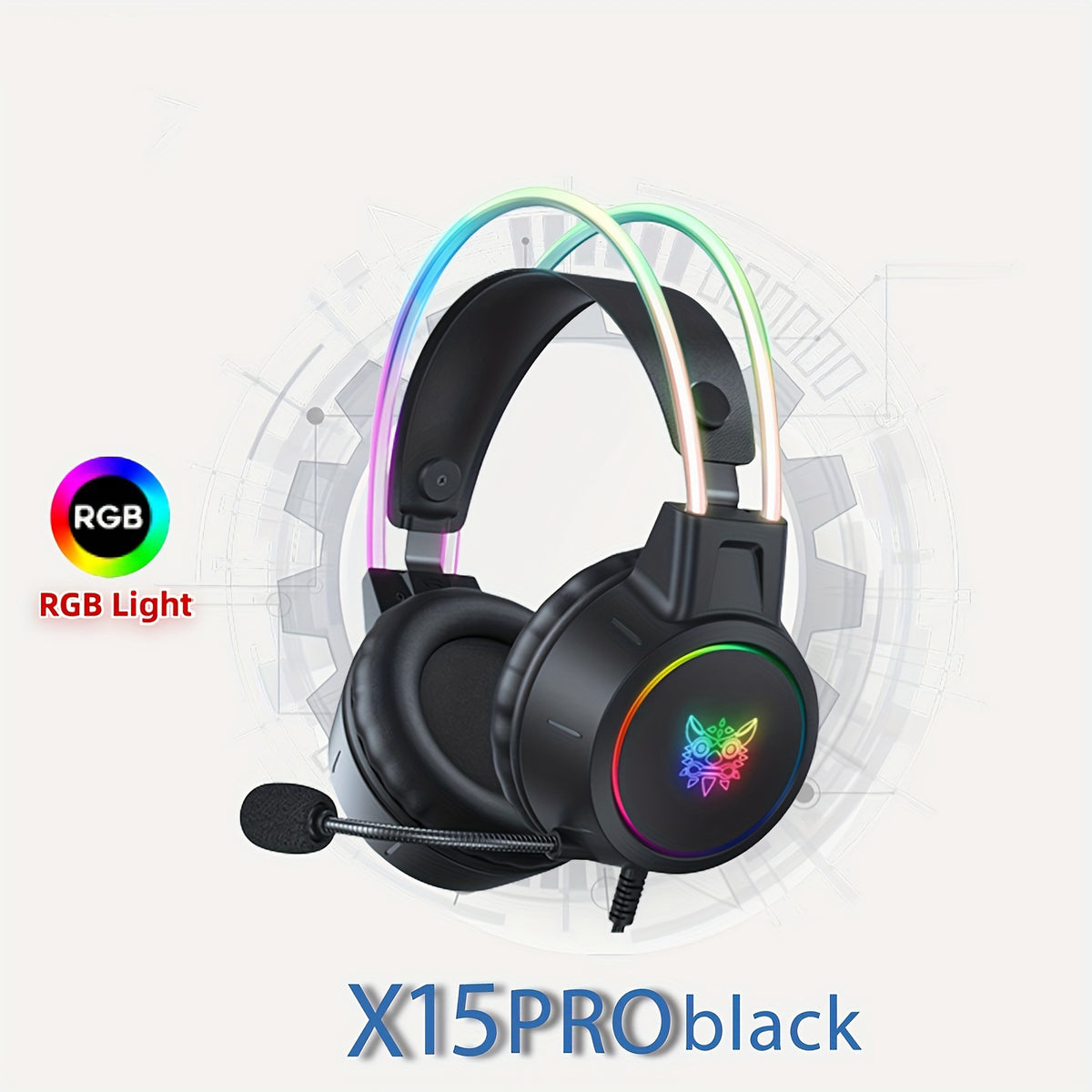 RGB-Gaming-Headset mit Geräuschunterdrückung und abnehmbarem Mikrofon – Schwarzes Anime-Design, USB, Surround-Sound